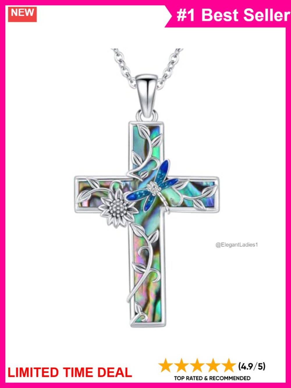 925 Sterling Silver Dragonfly Sunflower Cross Pendant Necklace Abalone